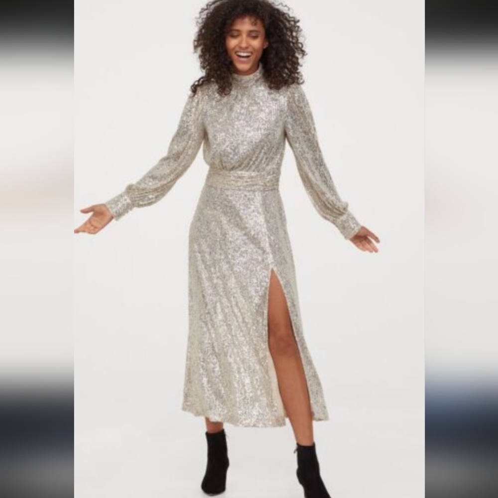 H&M silver sequin long sleeve midi dress open back high neck side slit tie waist